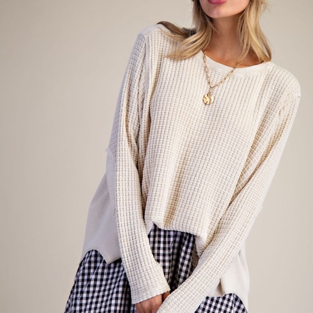 New Easel Women's Waffle Knit Top Lightweight Pullover Sweatshirt Relaxed Small